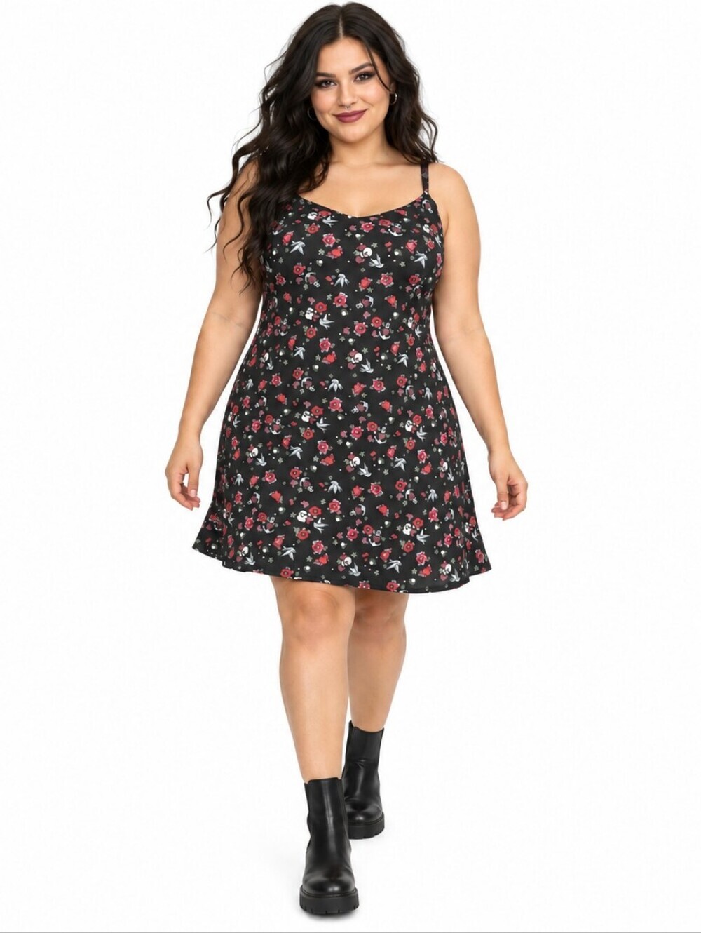 TORRID 2X Black Skull Rose Heart Print Stretch Challis Mini Slip Dress NWT
